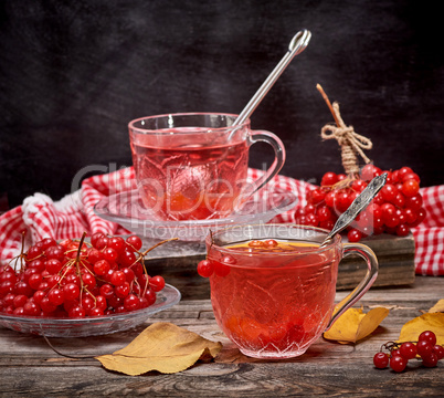 viburnum tea in a transparent cup with a handle and saucer on a