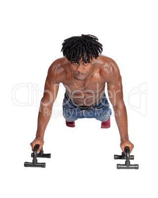 A black man working out with push ups on floor