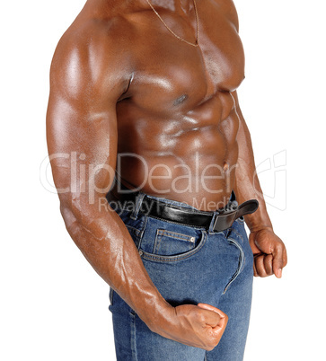 The close up torso of a black man bodybuilder