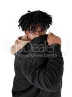 Black man hiding behind his jacket
