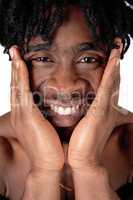 Close up image of a black man with his hands on the face