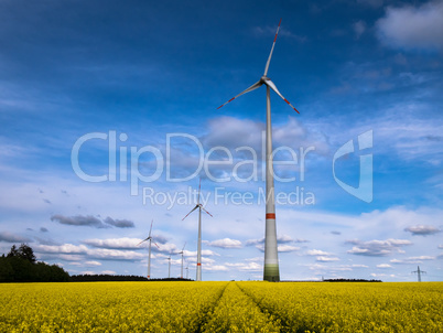 Windräder mit gelbem Rapsfeld und blauem Himmel