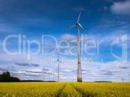 Windräder mit gelbem Rapsfeld und blauem Himmel
