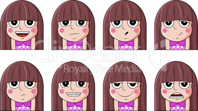 Set of female facial emotions. Cute girl emoji character with different expressions.