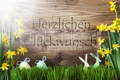 Sunny Easter Decoration, Gras, Herzlichen Glueckwunsch Means Congratulations