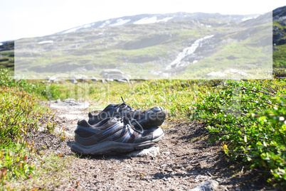 Shoes On Trekking Path, Copy Space, Norway Mountain