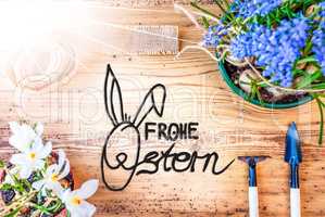 Sunny Spring Flowers, Calligraphy Frohe Ostern Means Happy Easter