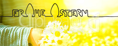 Cute Little Boy, Bouquet Daisy, Calligraphy Frohe Ostern Means Happy Easter