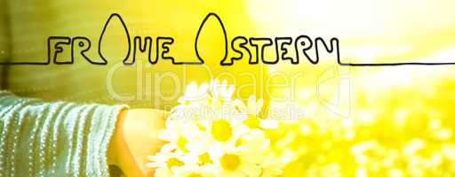 Cute Little Boy, Bouquet Daisy, Calligraphy Frohe Ostern Means Happy Easter