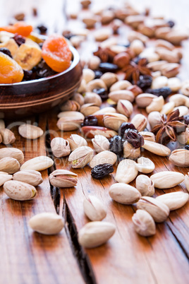 Mix of dried fruits and nuts in backlit
