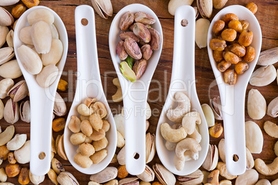 Closeup of mix of nuts over a rustic table