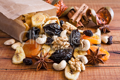 Closeup of mix of dried fruits and nuts in a paper bag