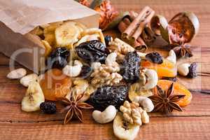 Closeup of mix of dried fruits and nuts in a paper bag