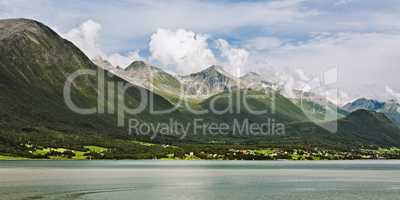 Panoramic view of the mountains along the Romsdalsfjorden in Nor