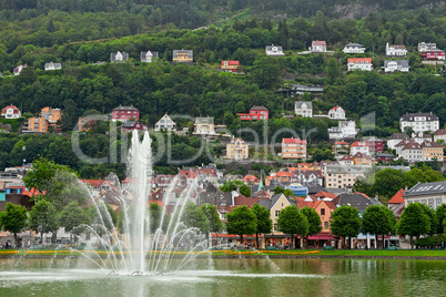 Fountain view in the lake in Bergen, Norway