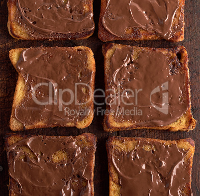 square pieces of fried bread slices plastered with chocolate cre