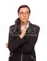 Mixed Race Businesswoman Holding Pencil Looking To The Side Isolated