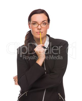 Serious Mixed Race Businesswoman Holding A Pencil Isolated