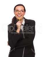 Mixed Race Businesswoman Holding Pencil Looking To The Side Isolated