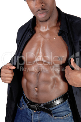 A close up image of the body of a black muscles man