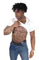 A black bodybuilding man shows his chest