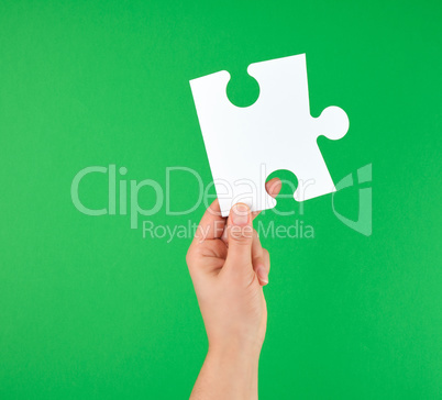 white big puzzle in female hand on green background