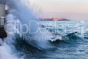 A wave breaks in Saint-Malo