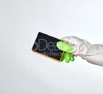 gloved hand holds  kitchen sponge, white background