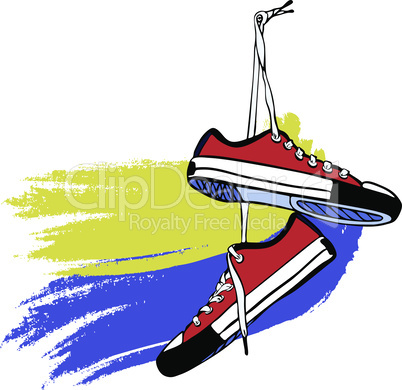 pair of red sports sneakers of hand-drawn hang on long laces. yellow blue background