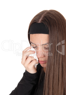 Crying teenager girl with long brunette hair
