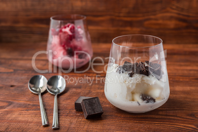 Vanilla and berry ice cream with chocolate