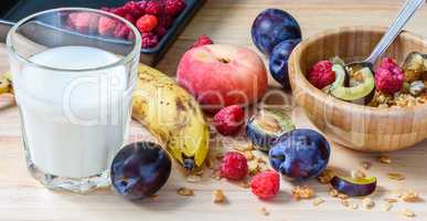 Children's breakfast bowl with muesli, berries, fruits and milk