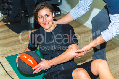 young woman work out with medicinal ball