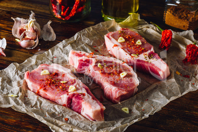 Pork loin steaks on baking paper