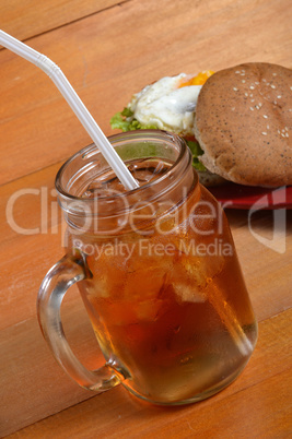 burger and iced tea
