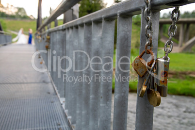 Locks on the metal bridge in Latvia.