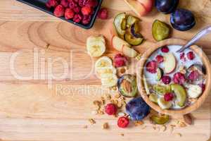 Bowl of muesli with berries, fruits and milk