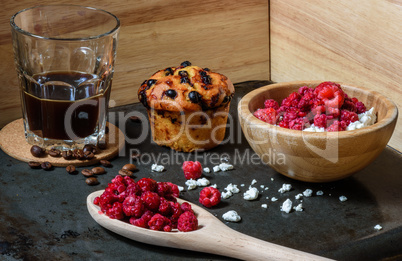 Breakfast of cottage cheese with raspberries, coffee and blueberry muffin