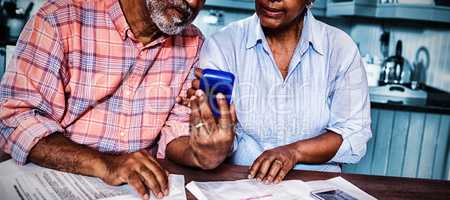 Couple using calculator while discussing over document