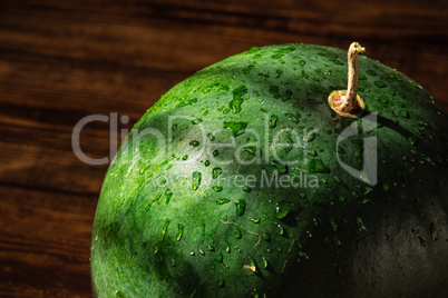 Green watermelon with sprays and shadows on peel