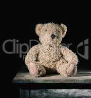 brown soft teddy bear sit on a  wooden background