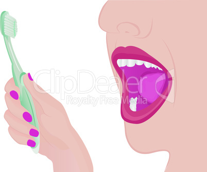 A girl cleaning teeth. A toothbrush in a hand and a opened mouth Oral hygien