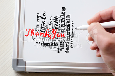 Thank You word cloud in different languages with marker and whit