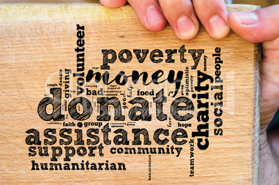Donate word cloud collage with human hand