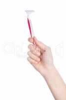 Womans hand hold razor on white background