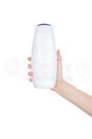 White bottle of shower gel lotion cream in hands