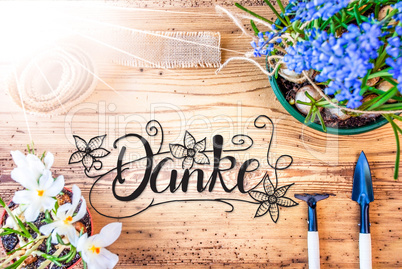 Sunny Spring Flowers, Calligraphy Danke Means Thank You