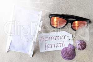 Sunny Flat Lay Label Sommerferien Means Summer Holidays