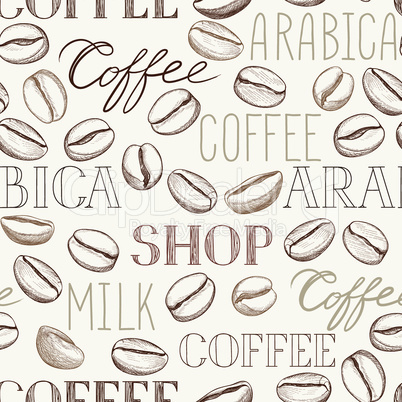Coffee seamless pattern. Coffee beans and lettering COFFEE hand-drawn background