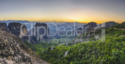 Panoramic view of the monasteries of Meteora at sunset